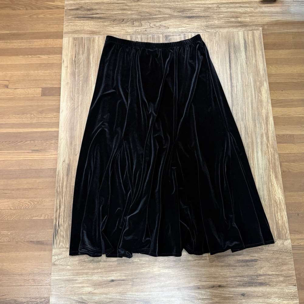 Chico's Black Velvet Velour Elastic Waist A-Line Flowy Midi Skirt Sz XL Womens 3